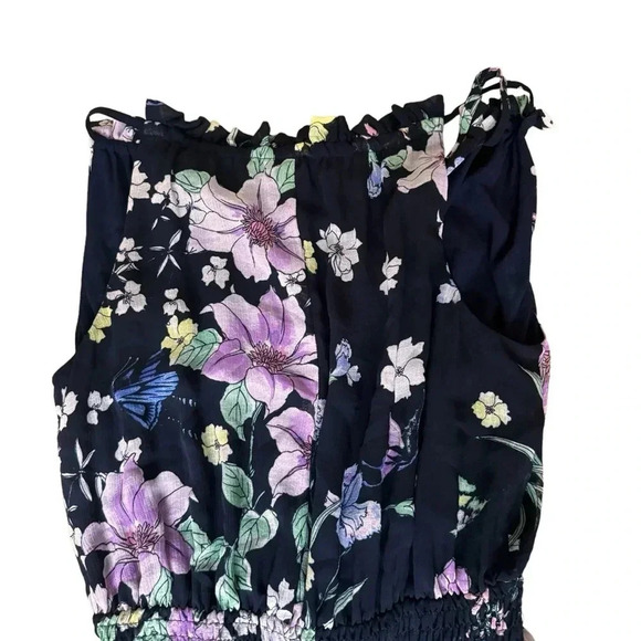 Great Jones Navy Floral Neck Tie Dress Midi Sleeveless Floral Side Pockets Sz XS - Picture 11 of 16